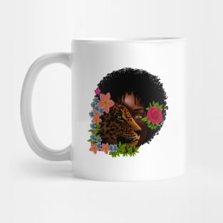 Afro African Woman with Leopard, Tropical Floral Mug